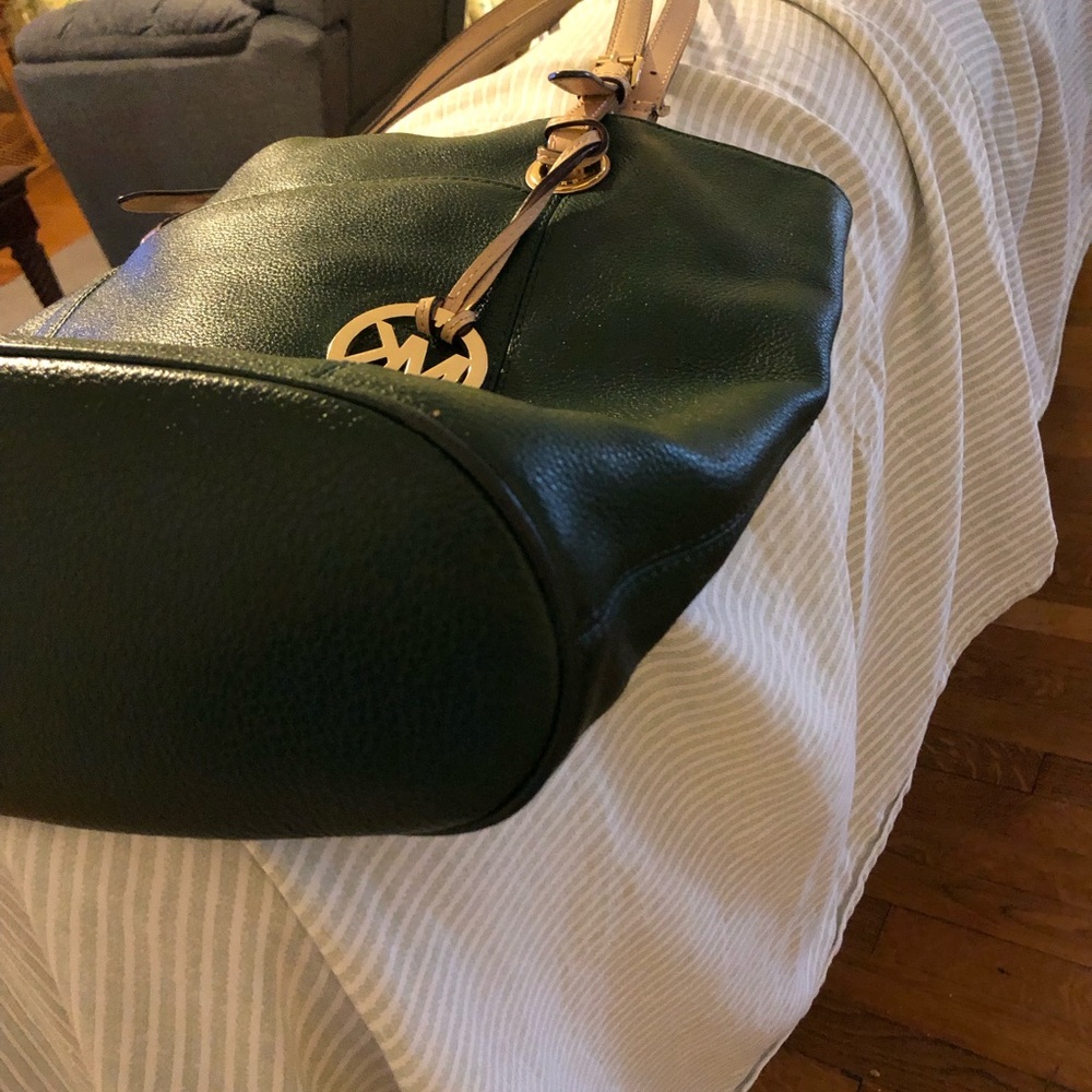 Michael Kors medium Tote dark green with light tan handles. Pre owned. - Picture 9 of 12